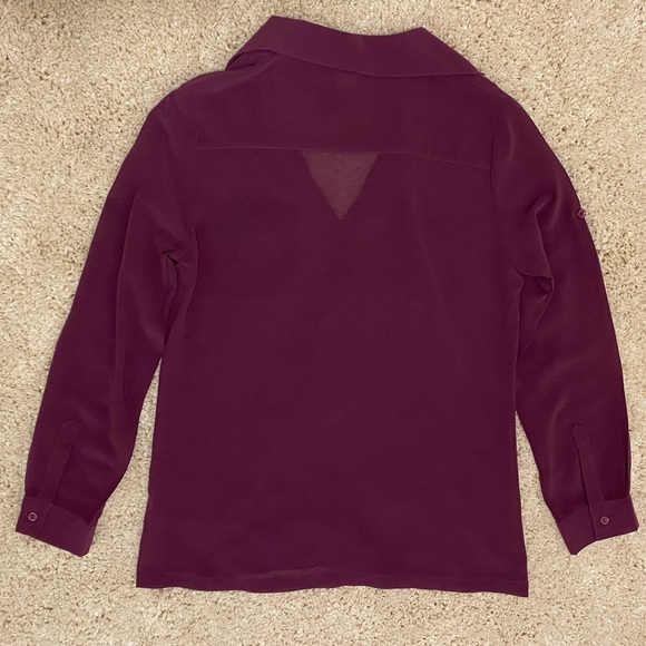 PURPLE LONG SLEEVE COLLARED VNECK MESH SEE THROUGH BLOUSE BUTTON ROLL UP CUFFS - Picture 6 of 13